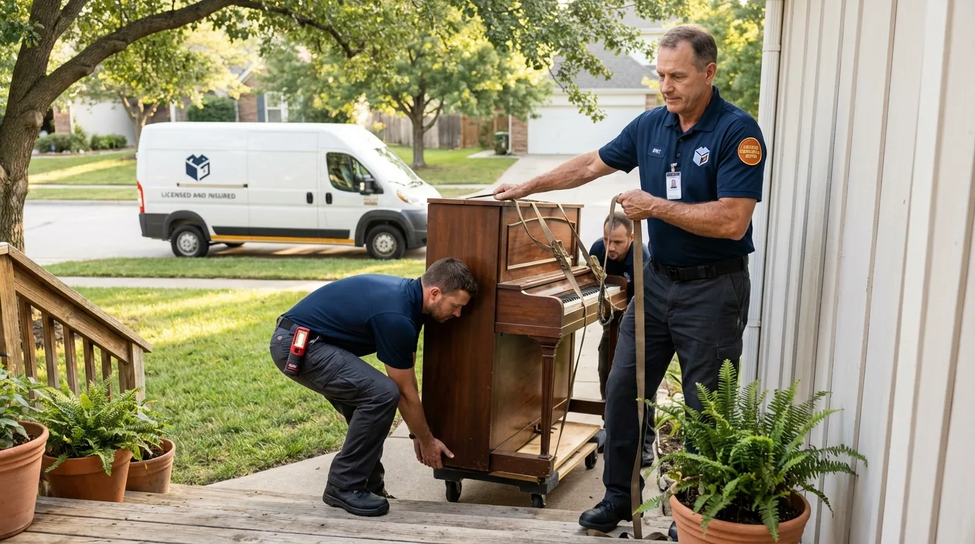 Licensed piano movers securing grand piano in Quitman, MS