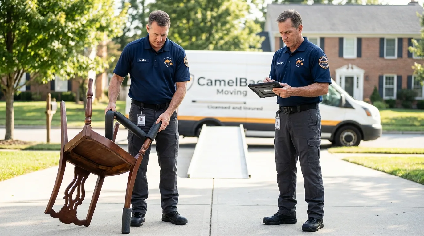 Movers inspecting furniture for damage prevention before loading in Quitman, MS