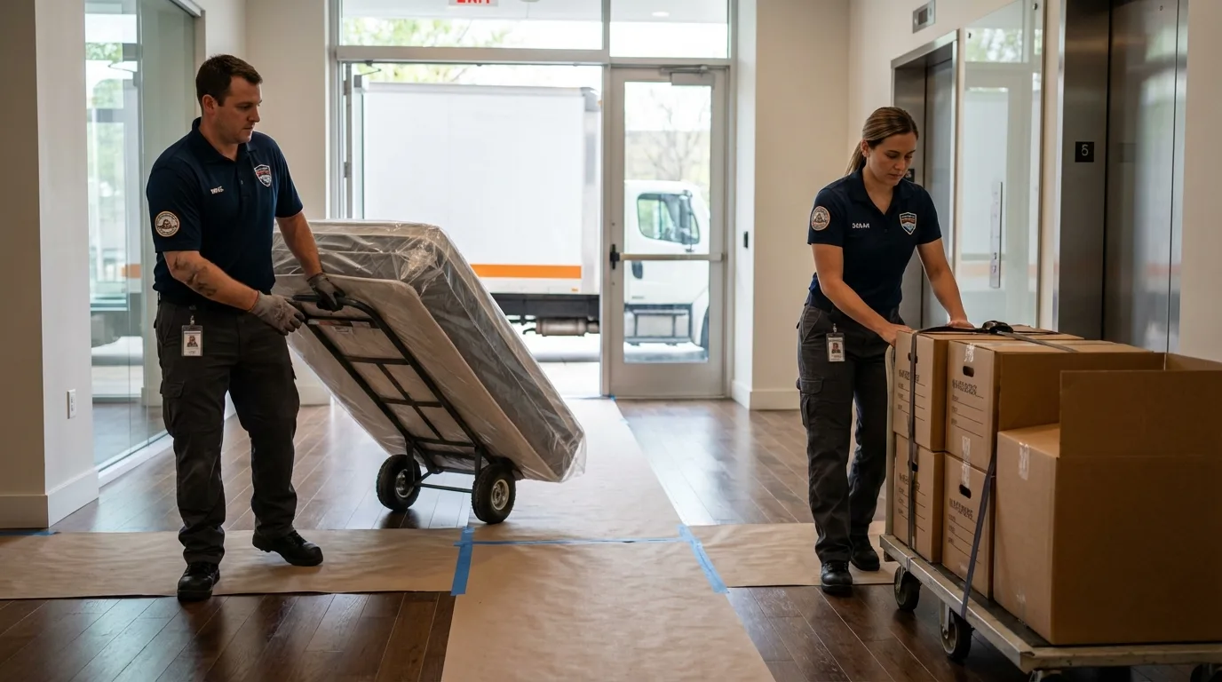 Professional apartment movers loading elevator in Quitman, MS